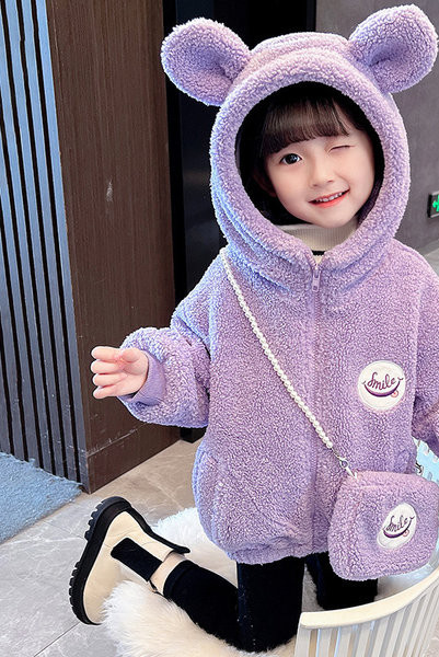 Geaca puf cu broderie si gluga cu urechi