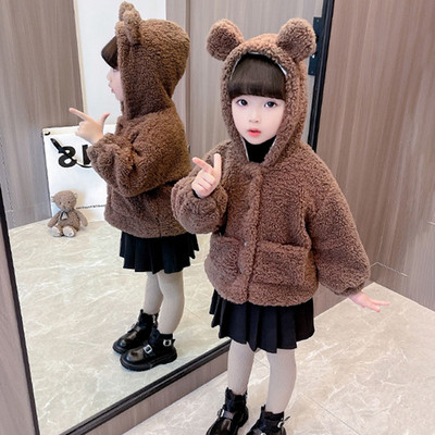 Rudeninis žieminis paltas mergaitei su gobtuvu ir kišene