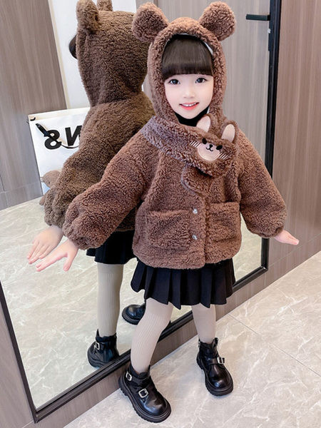 Rudeninis žieminis paltas mergaitei su gobtuvu ir kišene