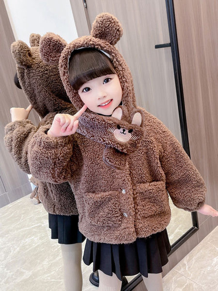 Rudeninis žieminis paltas mergaitei su gobtuvu ir kišene