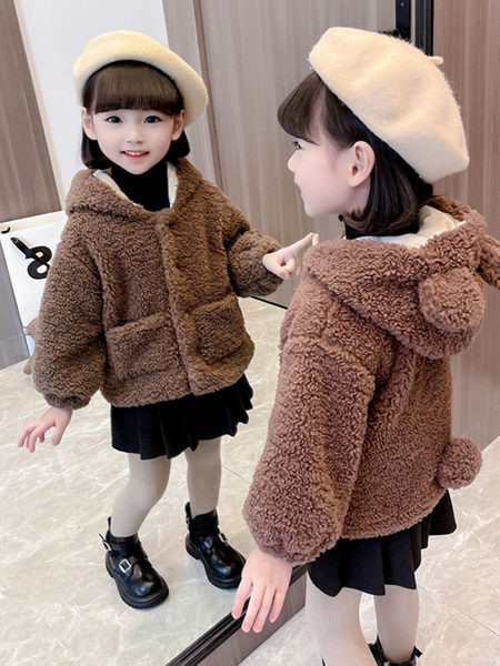 Rudeninis žieminis paltas mergaitei su gobtuvu ir kišene