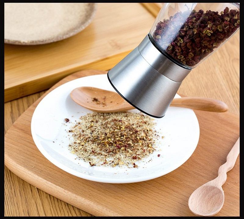 Mlin za papar i sol od brušenog nehrđajućeg čelika, stakleno visoko tijelo od 6 oz, keramički rotor 5 stupnjeva podesiv