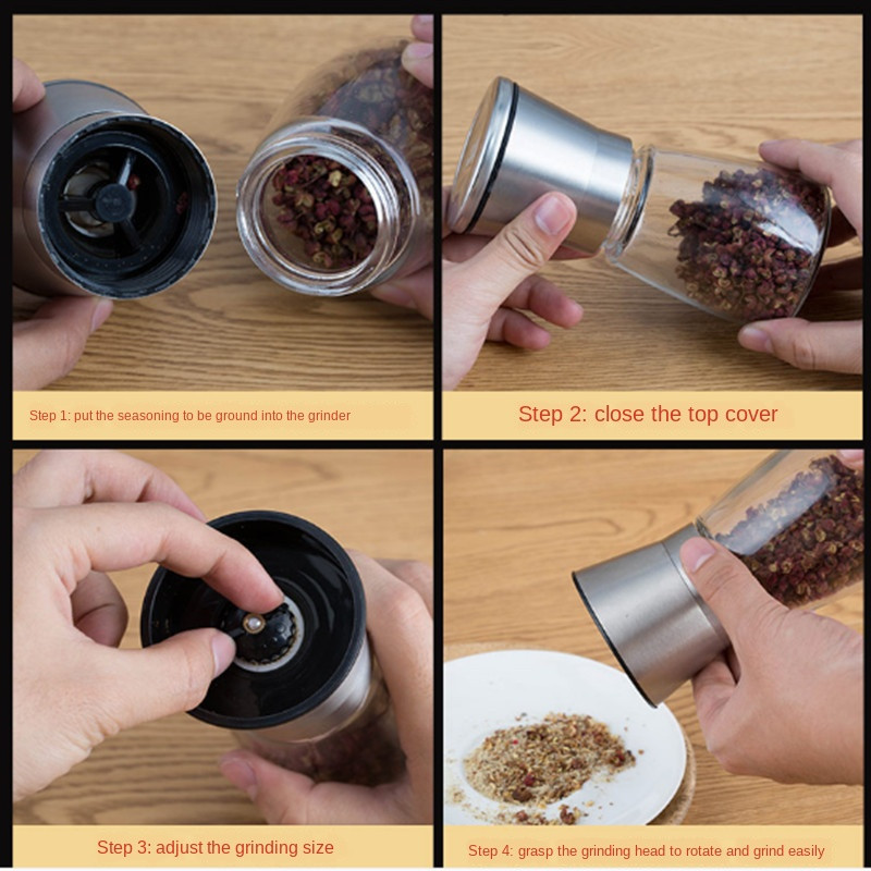 Mlin za papar i sol od brušenog nehrđajućeg čelika, stakleno visoko tijelo od 6 oz, keramički rotor 5 stupnjeva podesiv