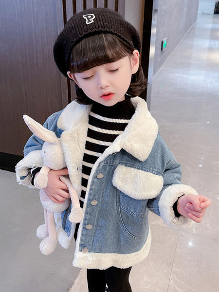 Geaca de iarna din denim pentru fete cu guler si nasturi