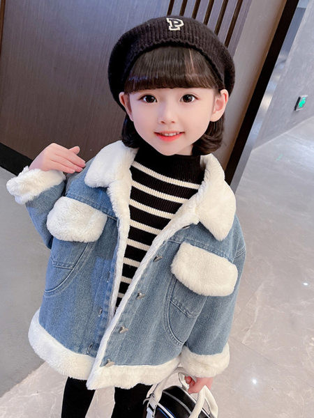 Geaca de iarna din denim pentru fete cu guler si nasturi