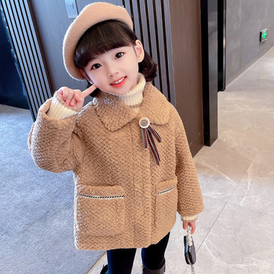 Dječja zimska jakna s džepom, gumbima i ovratnikom na preklop za djevojčice