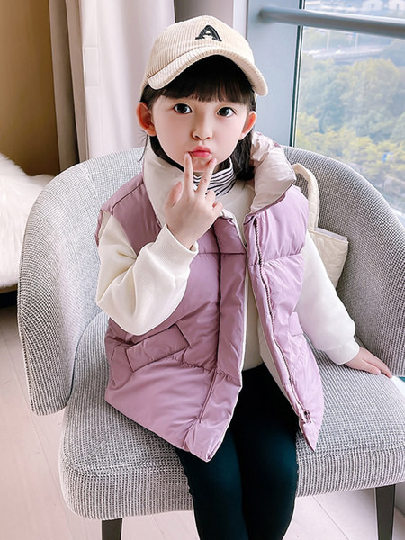 Vestă casual de culoare uni pentru fete, cu guler înalt și închidere cu nasturi