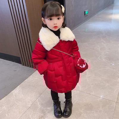 Gyermek téli kabát béléssel, táskával és cipzárral lányoknak