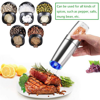 Автоматична мелничка за сол и черен пипер Мелничка за подправки с LED светлина Регулируема грубост Кухненски комплект инструменти за подправки за готвене
