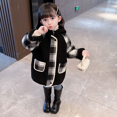 Geaca pentru copii in carouri cu captuseala, gluga si fermoar pentru fete