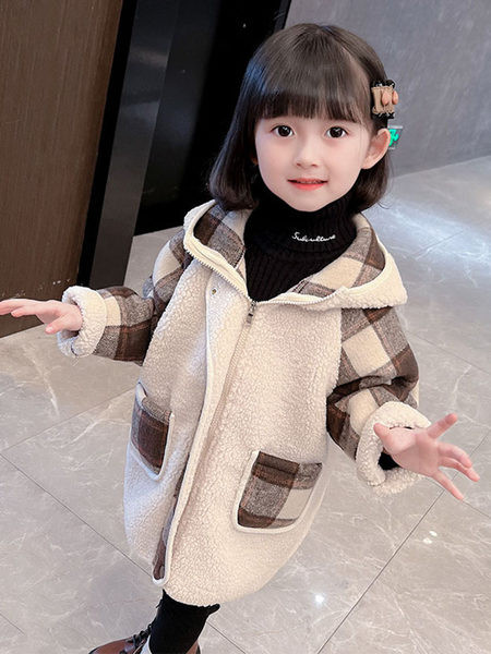 Geaca pentru copii in carouri cu captuseala, gluga si fermoar pentru fete
