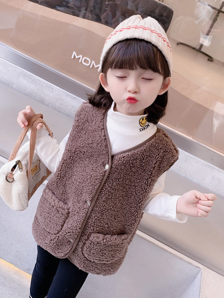 Vesta de pluș pentru fete cu buzunar și închidere cu nasturi