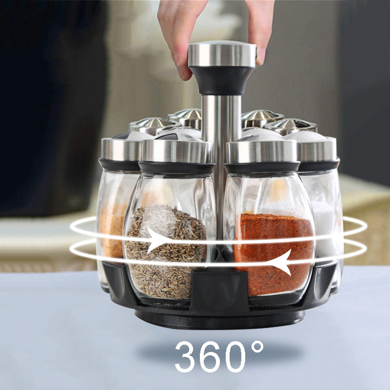 Suport pentru condimente de bucătărie Set borcan rotativ pentru condimente Set de sticle pentru condimente de masă Recipient de depozitare pentru condimente din sticlă Saliera Accesorii de bucătărie