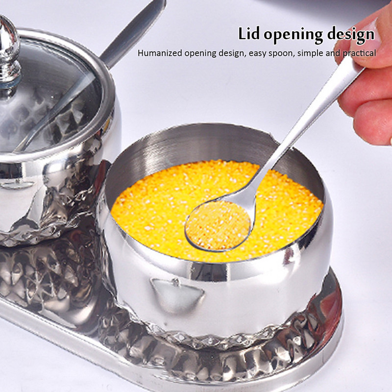 Borcan de condimente din oțel inoxidabil Sticla de condimente Cutie de condimente de uz casnic cu lingură și capac Recipient de depozitare pentru zahăr și sare Instrument pentru ustensile de bucătărie