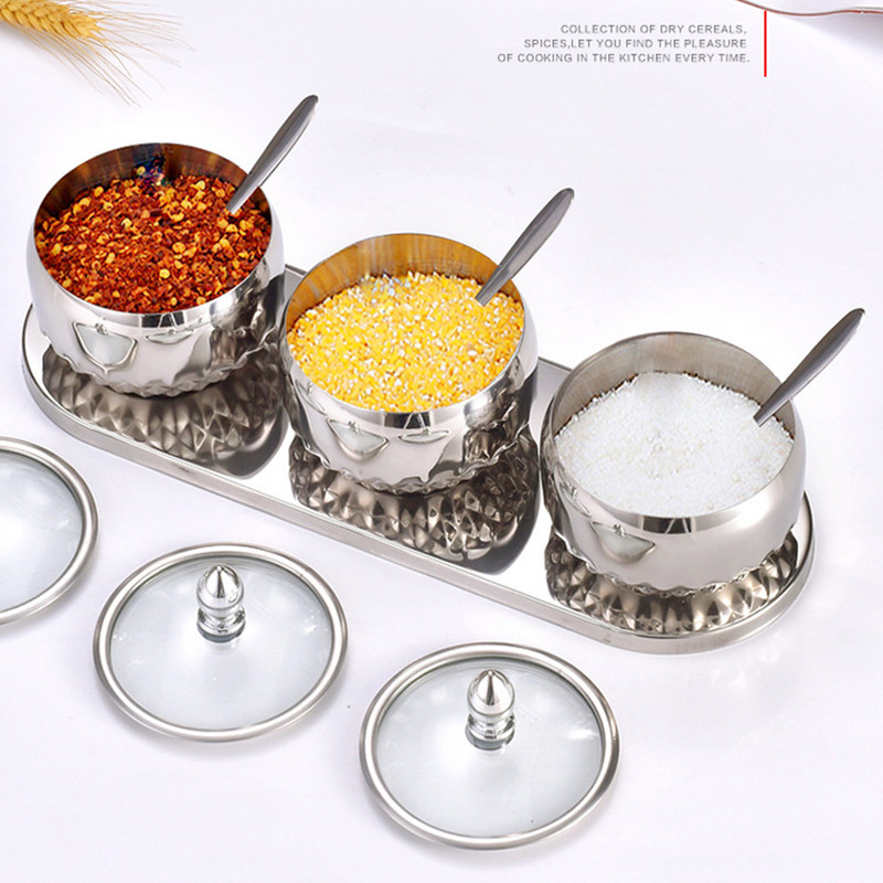Borcan de condimente din oțel inoxidabil Sticla de condimente Cutie de condimente de uz casnic cu lingură și capac Recipient de depozitare pentru zahăr și sare Instrument pentru ustensile de bucătărie