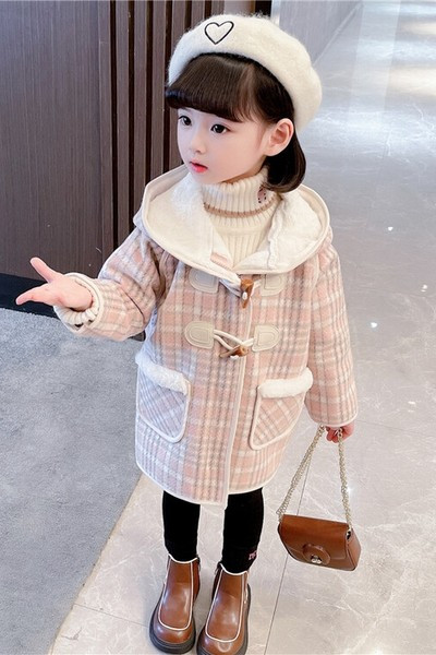 Palton pentru copii la modă pentru fete cu glugă și închidere cu nasturi