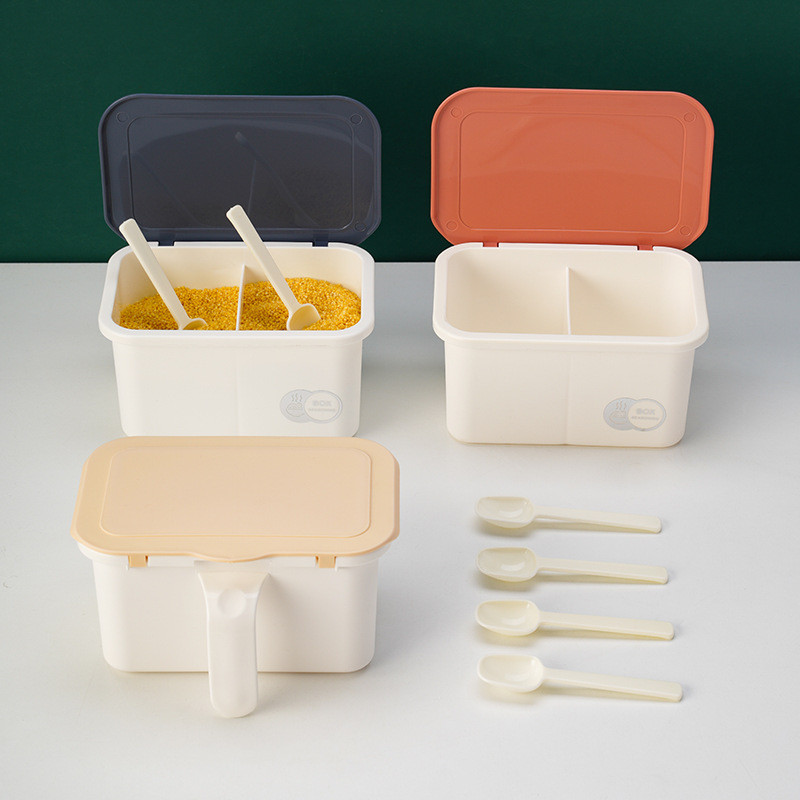 Noul recipient pentru condimente cu grilă dublă, organizator de depozitare din plastic, articole de bucătărie, borcane pentru condimente, sare piper, rack, seturi de recipiente