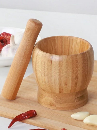 1PC Banboo Presă multifuncțională de usturoi și set manual de mojar de condimente pentru tocitura ustensile de bucătărie