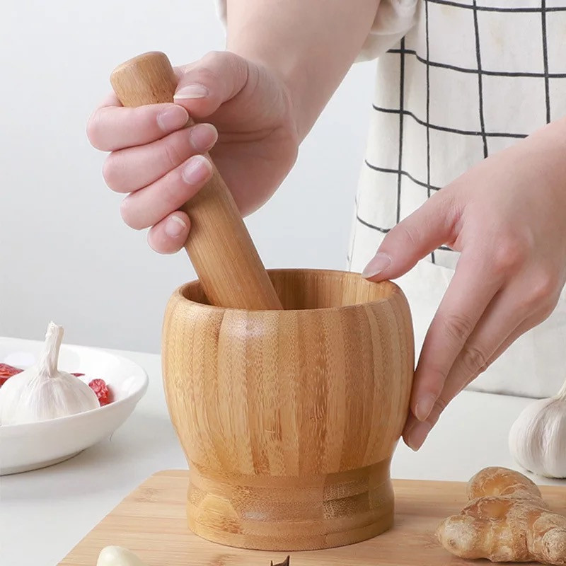 1PC Banboo Presă multifuncțională de usturoi și set manual de mojar de condimente pentru tocitura ustensile de bucătărie
