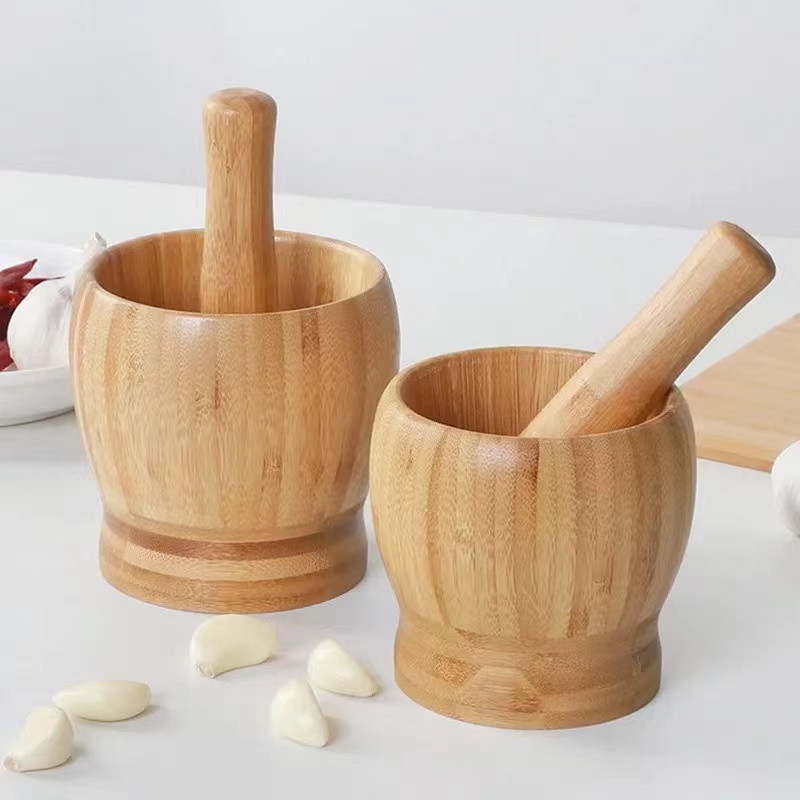 1PC Banboo Presă multifuncțională de usturoi și set manual de mojar de condimente pentru tocitura ustensile de bucătărie
