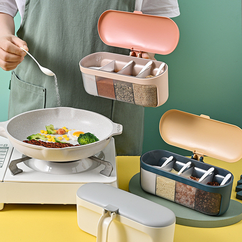 Cutie de condimente de uz casnic Cutie de condimente din plastic Borcan de condimente de bucătărie Borcan de condimente cu patru grile cu capac