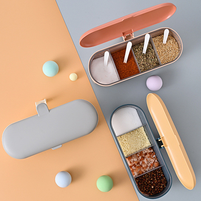 Cutie de condimente de uz casnic Cutie de condimente din plastic Borcan de condimente de bucătărie Borcan de condimente cu patru grile cu capac