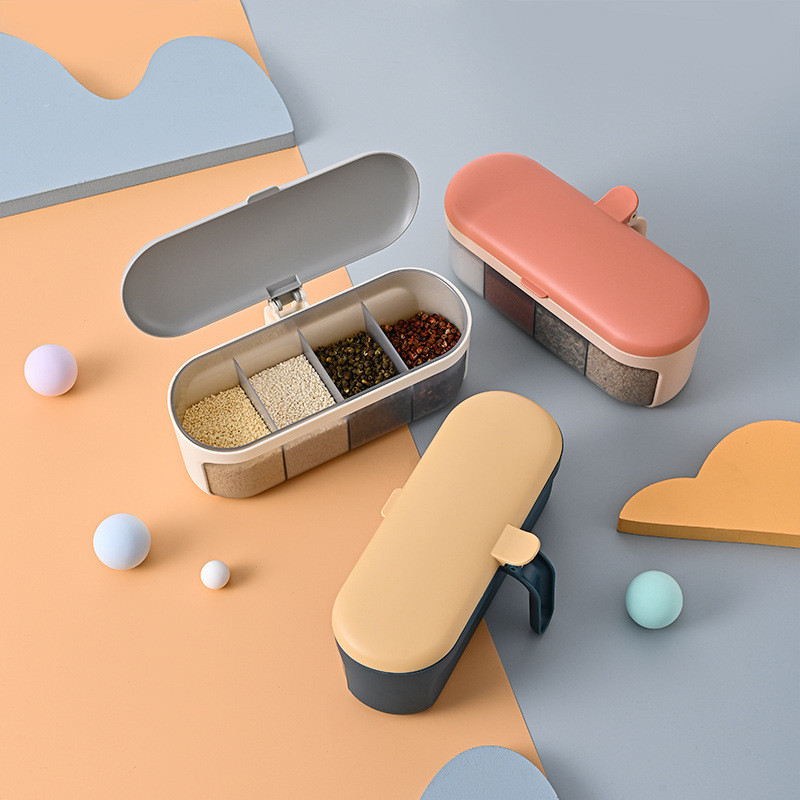 Cutie de condimente de uz casnic Cutie de condimente din plastic Borcan de condimente de bucătărie Borcan de condimente cu patru grile cu capac