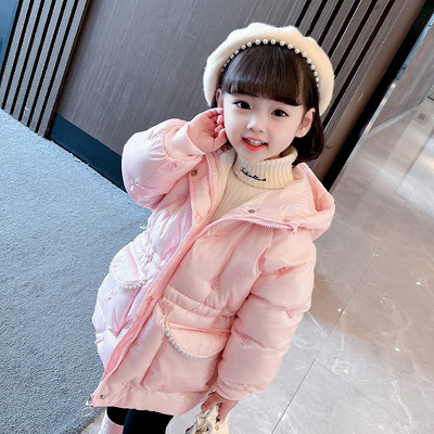 Kapuutsiga ja vöökohal lipsudega laste talvejope tüdrukutele