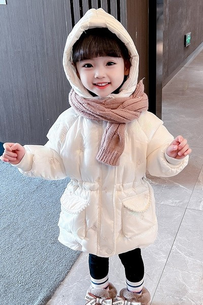 Kapuutsiga ja vöökohal lipsudega laste talvejope tüdrukutele