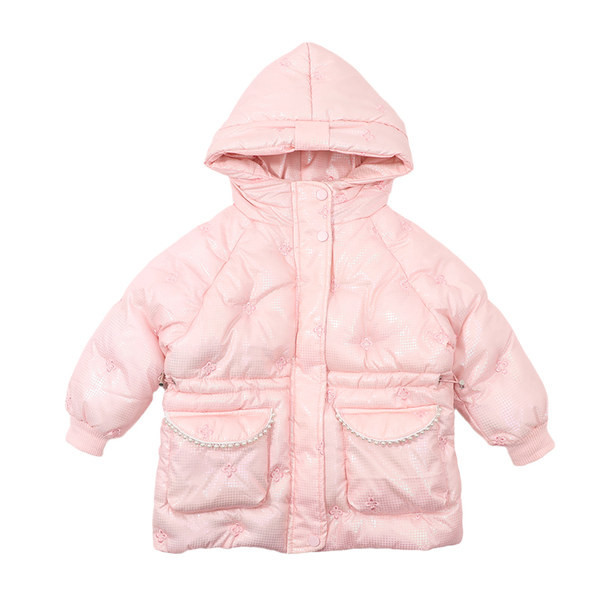 Kapuutsiga ja vöökohal lipsudega laste talvejope tüdrukutele