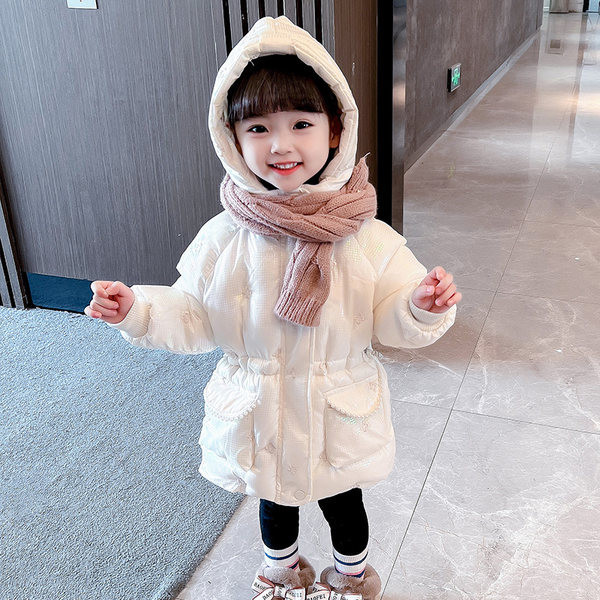 Kapuutsiga ja vöökohal lipsudega laste talvejope tüdrukutele