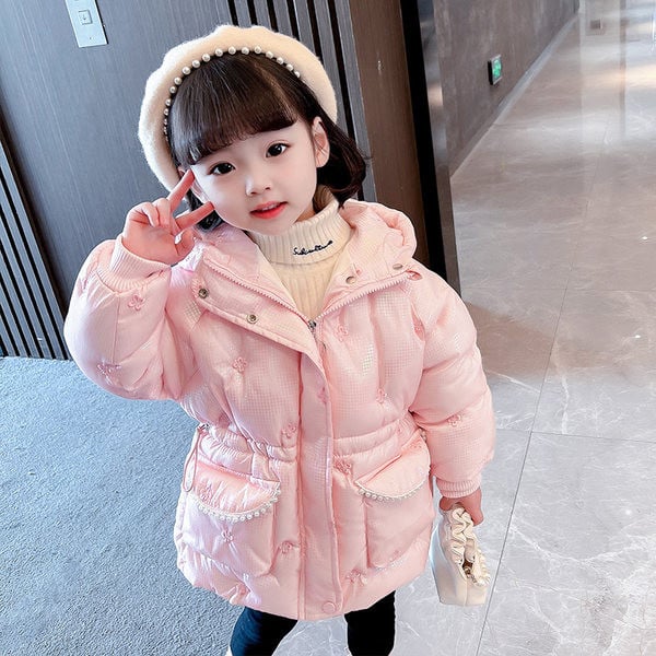 Kapuutsiga ja vöökohal lipsudega laste talvejope tüdrukutele