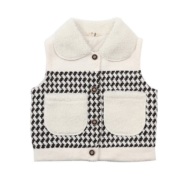 Dječji karirani prsluk s postavom, gumbima i džepom za djevojčice