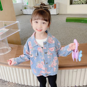 Džinsinė rudeninė striukė mergaitei su gėlėmis