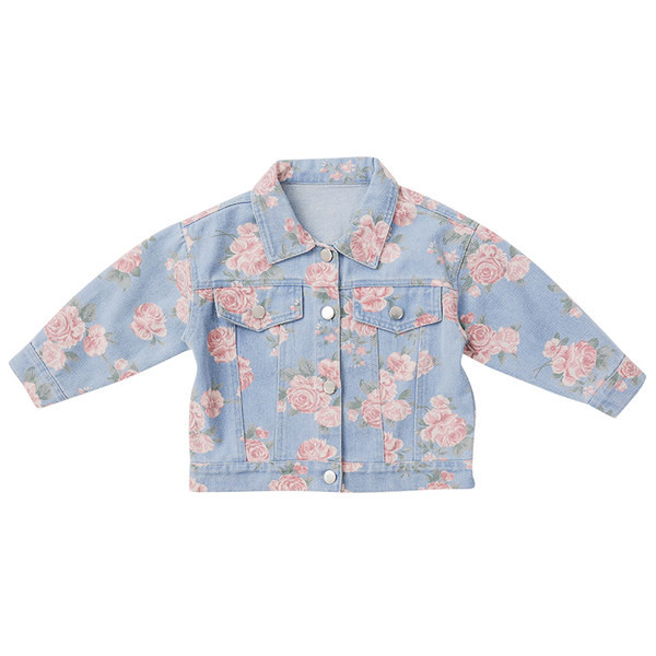 Džinsinė rudeninė striukė mergaitei su gėlėmis