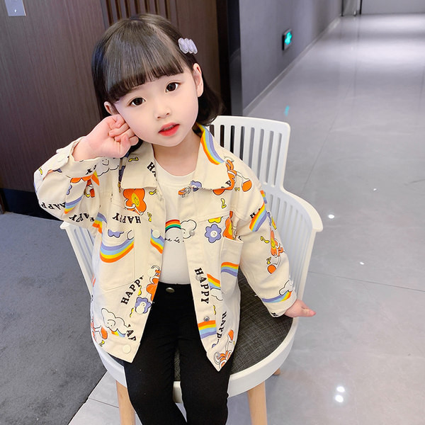 Vaikiška džinsinė striukė mergaitėms su spalvingais motyvais