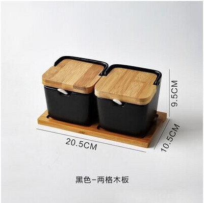 Set de suport de condimente din ceramică oale de condimente boluri cu lingură și cutie de porțelan și capac din bambus - recipient de depozitare borcane pentru condimente