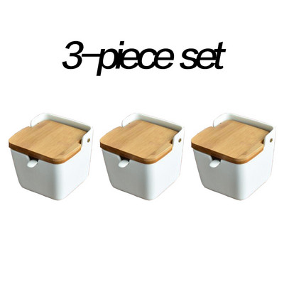 Set de suport de condimente din ceramică oale de condimente boluri cu lingură și cutie de porțelan și capac din bambus - recipient de depozitare borcane pentru condimente
