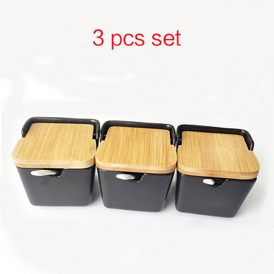 Set de suport de condimente din ceramică oale de condimente boluri cu lingură și cutie de porțelan și capac din bambus - recipient de depozitare borcane pentru condimente