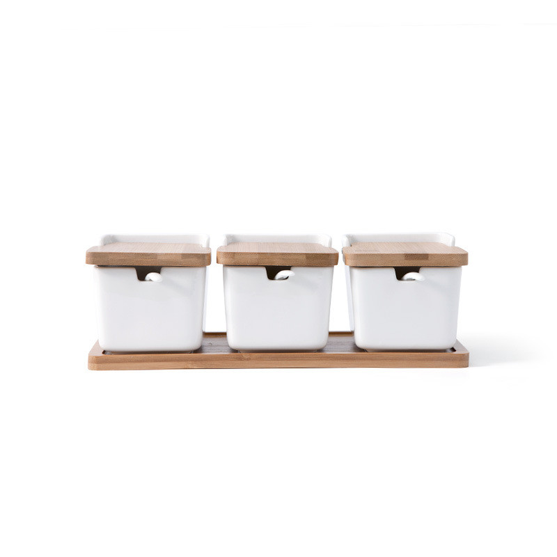Set de suport de condimente din ceramică oale de condimente boluri cu lingură și cutie de porțelan și capac din bambus - recipient de depozitare borcane pentru condimente