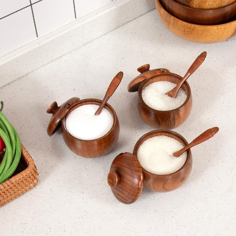 1db Natúr fából készült étkészlet Fűszeres üveg Konyhai kellékek Fűszeres szósz edény fedővel Tál Sószóró doboz Konyha szójaszószos Cruet