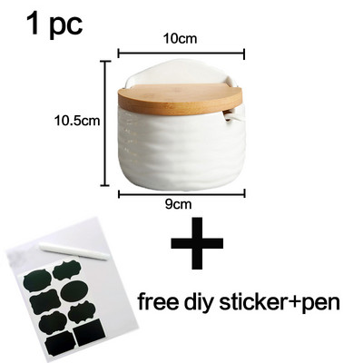 Cutie de porțelan cu lingură de bucătărie și oală pentru condimente acoperită cu bambus, recipient pentru depozitare, oală pentru condimente, suport pentru condimente din ceramică