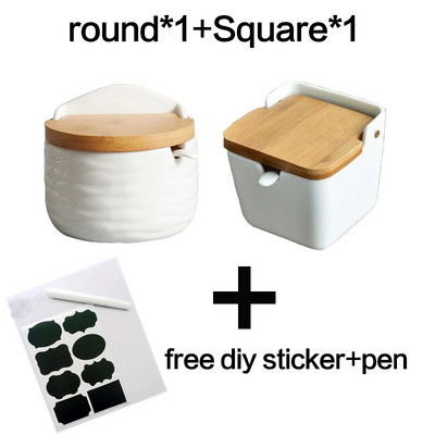 Cutie de porțelan cu lingură de bucătărie și oală pentru condimente acoperită cu bambus, recipient pentru depozitare, oală pentru condimente, suport pentru condimente din ceramică