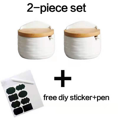 Cutie de porțelan cu lingură de bucătărie și oală pentru condimente acoperită cu bambus, recipient pentru depozitare, oală pentru condimente, suport pentru condimente din ceramică