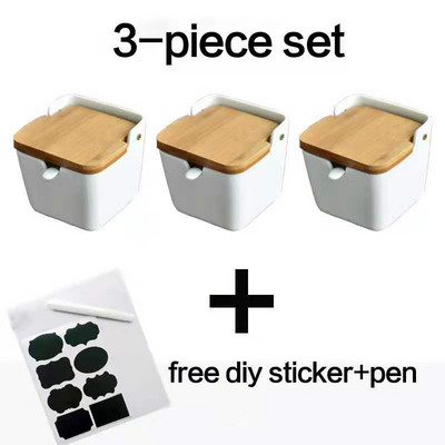 Cutie de porțelan cu lingură de bucătărie și oală pentru condimente acoperită cu bambus, recipient pentru depozitare, oală pentru condimente, suport pentru condimente din ceramică