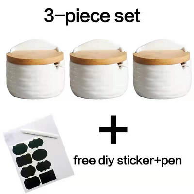 Cutie de porțelan cu lingură de bucătărie și oală pentru condimente acoperită cu bambus, recipient pentru depozitare, oală pentru condimente, suport pentru condimente din ceramică