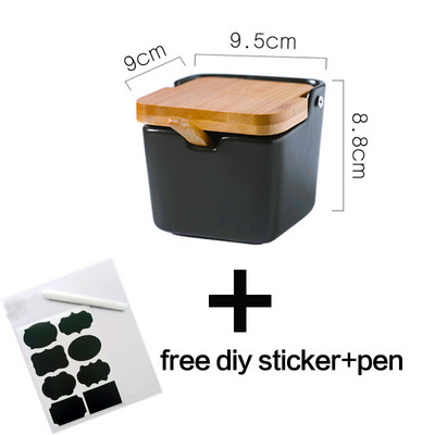 Cutie de porțelan cu lingură de bucătărie și oală pentru condimente acoperită cu bambus, recipient pentru depozitare, oală pentru condimente, suport pentru condimente din ceramică