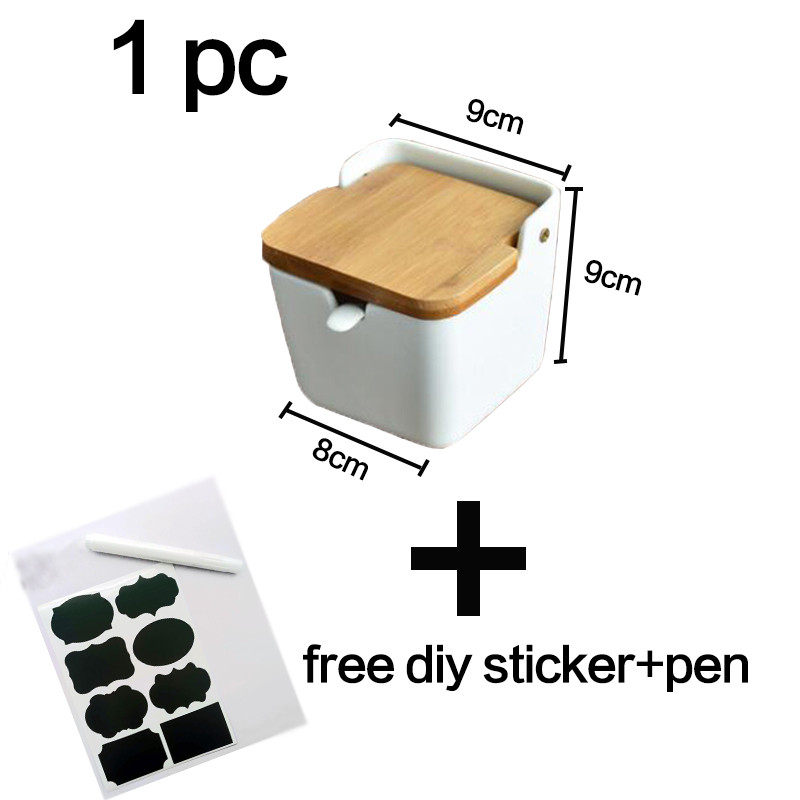 Cutie de porțelan cu lingură de bucătărie și oală pentru condimente acoperită cu bambus, recipient pentru depozitare, oală pentru condimente, suport pentru condimente din ceramică