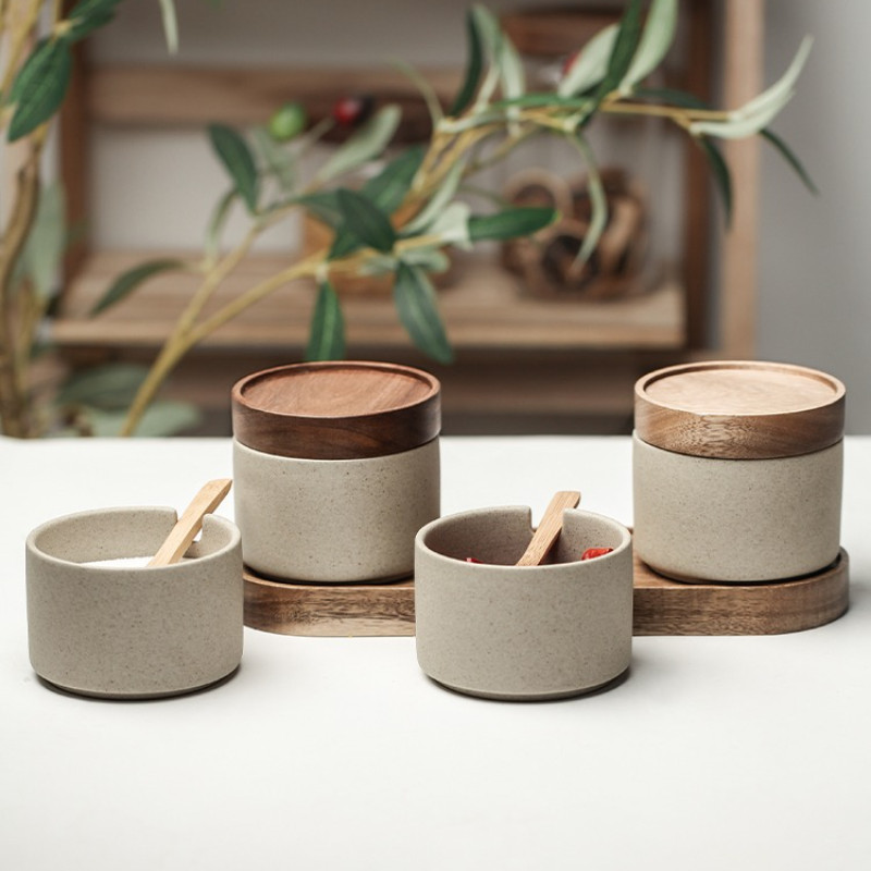 Kerámia fűszeres üveg paprika tároló palack Retro kerek kerámia fűszeres tégely fa fedéllel sóbors shaker konyhai eszköz