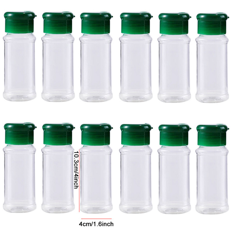 Sticle din plastic pentru condimente, formă rotundă, 100 ml, sare piper, borcan de condimente, recipient pentru condimente chili, 12 buc.